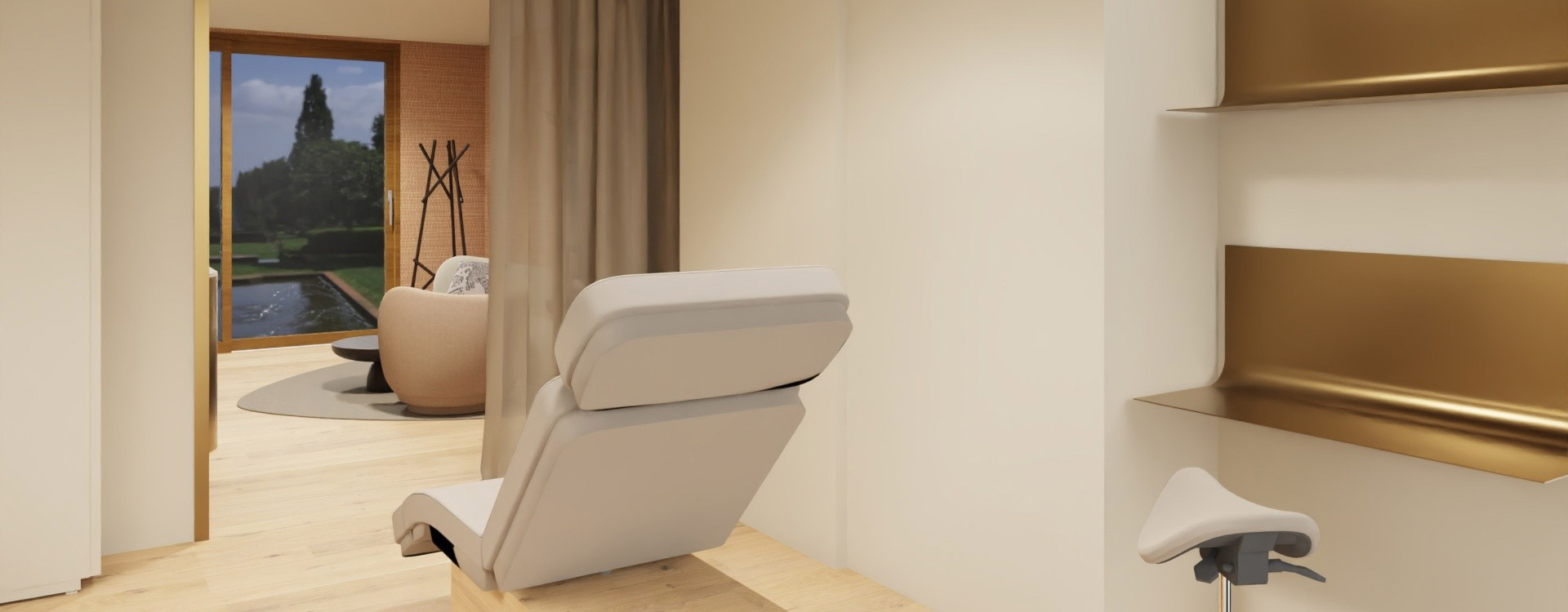 Moderner Kosmetikraum mit Behandlungsstuhl, Hocker und Lounge-Bereich mit Blick auf Garten und Teich in Ismaning​​​​​​​​​​​​​​​​​​​​​​​​​​​​​​​​​